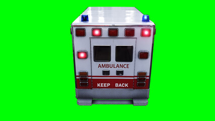 Ambulance green screen isolate. Realistic flashing lights. 3d rendering.