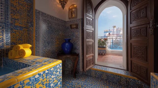 A luxurious bathroom with blue and yellow tile, intricate carved wooden doors and a stunning view