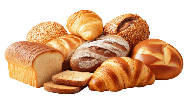 Delicious variety of fresh baked breads and pastries isolated on white background for bakery advertising.

