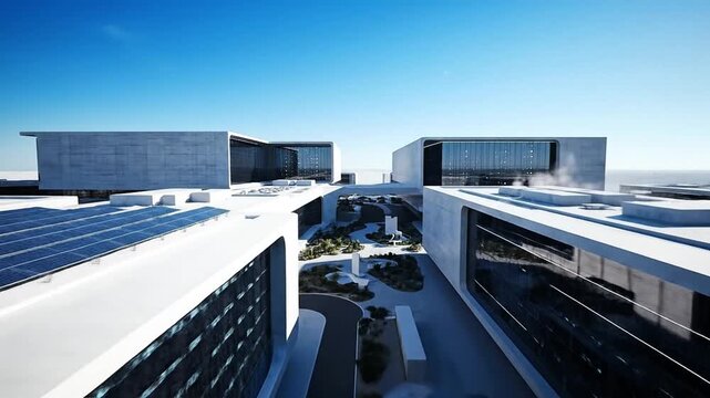 Aerial drone view of a modern Hi-tech data storage center buildings Full HD 4k Video
