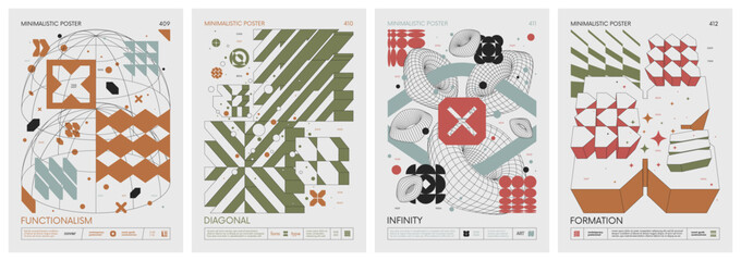 Futuristic abstract graphic wireframe elements of geometric shapes rave composition, Brutalism style vector minimalistic Posters with silhouette postmodern figures, Trendy color print artwork set 103