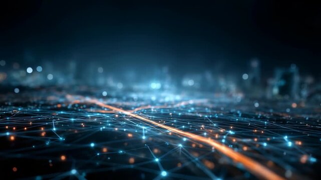 Dynamic visualization digital network with illuminated data points, lines, symbolizing global connectivity. Abstract city lights in distance evoke themes smart cities, technological progress