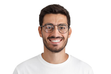 Fototapeta premium Portrait of a smiling young man wearing round glasses looking at camera