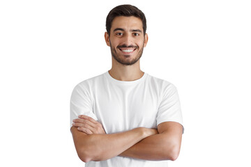 Man with arms crossed smiling wearing white t-shirt