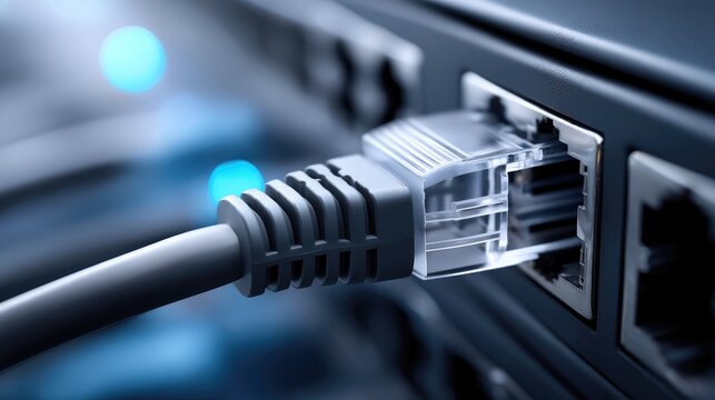 Ethernet cable connected to network switch in data center close up