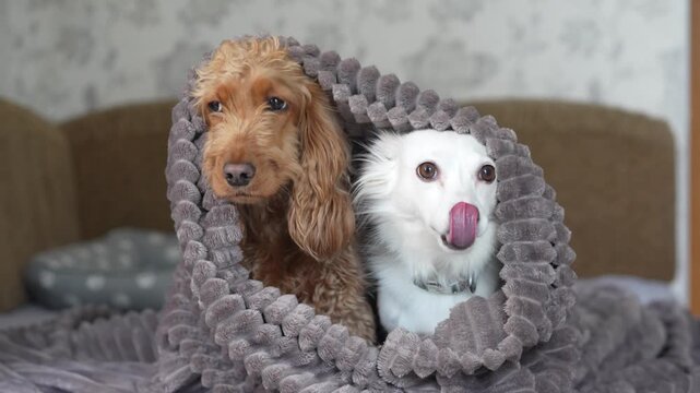 Two dogs, a brown cocker spaniel and a white mixed breed, snuggled together in a cozy gray blanket, displaying a warm and playful interaction in a comfortable indoor setting
