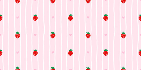 Cute strawberry seamless pink background with heart accents. Ideal for wallpaper, tablecloth prints, and kawaii summer designs © alia.kurianova