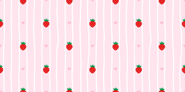 Cute strawberry seamless pink background with heart accents. Ideal for wallpaper, tablecloth prints, and kawaii summer designs