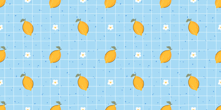 Cute lemon seamless background with yellow citrus, floral accents, and classic checkered texture. Ideal for spring prints, kitchen decor, and kawaii food packaging