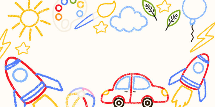 Cute crayon square frame of kindergarten drawing, frog, car, rocket, cloud, sun illustration. Designed for kindergarten templates, kids birthday banners, cheerful preschool graphics