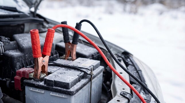 Car battery with jumper cables for winter maintenance during snow 
