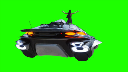 Naklejka premium Flying futuristic car and a woman with hair blowing in the wind. reflections on the car body. green screen isolate. 3d rendering.