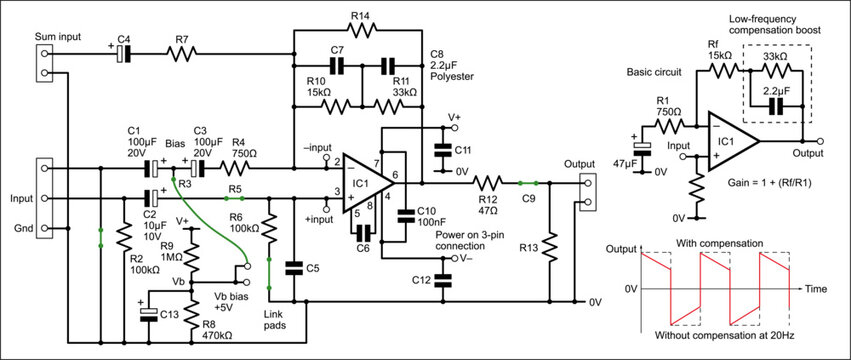 Schematic diagram of digital electronic device 
on paper sheet. Vector drawing electrical circuit with 
integrated circuit of operational amplifier,  
capacitor, resistor, connector, other components.