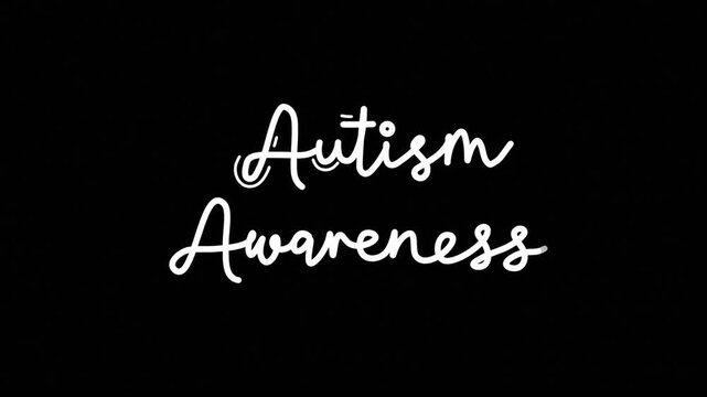 Autism Awareness text word One line continuous animated typography intro outro animation video, hand drawn calligraphy monoline lettering vintage single line handwriting white type on black background