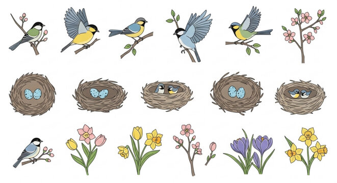 Birds nests and flowers illustration set with spring blooms