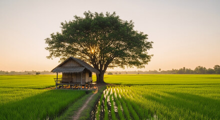 Obraz premium A view of green rice fields with wooden huts under large trees at sunrise. Creating a peaceful atmosphere of rural countryside, traditional farming, and the beauty of tropical nature.