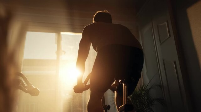 A dedicated athlete trains on an exercise bike at home, illuminated by warm sunrise light. The scene captures determination, healthy lifestyle, and modern indoor workout trends