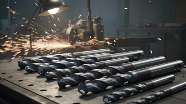 Medium shot of industrial drill bits made from carbide and tungsten designed to withstand extreme wear in hard material drilling projects.