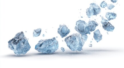 Blue-tinted, crystalline ice chunks are scattered and seemingly floating against white