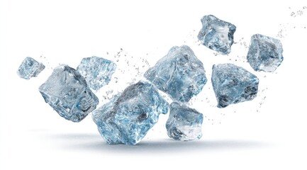 Several irregular ice chunks floating, some water drops visible, all against a white background