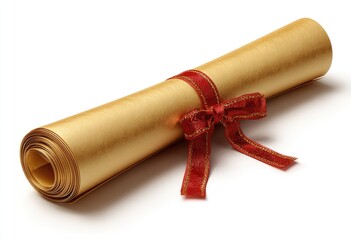 A rolled parchment scroll tied with a red ribbon and bow, casting a shadow on a white background