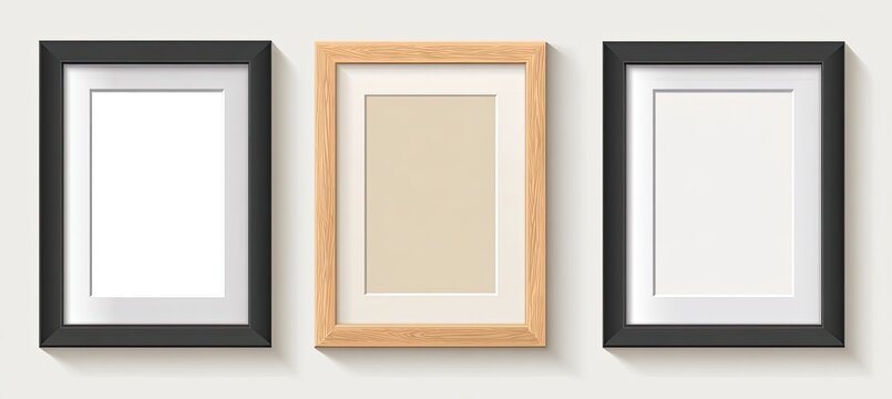 Three rectangular picture frames with varied colors and matte borders on a white backdrop