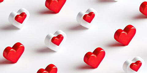Pattern of red and white 3D hearts on a white background, some nested, creating a repeating design