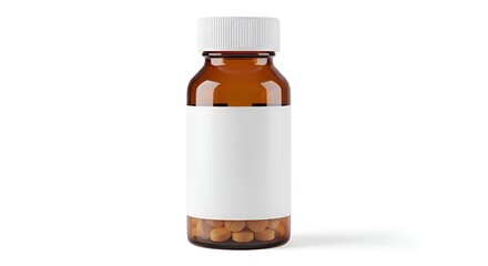 Isolated Amber Pill Bottle With Blank Label White Background Medical Product Display For E-Commerce And Pharmaceutical Branding Concept