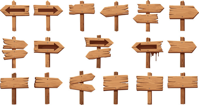 Wooden signpost silhouettes collection with arrows, rustic signage designs, cartoon style boards, directional signs, decorative elements, outdoor navigation artwork, flat vector illustration