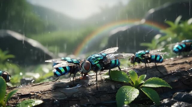 Medium shot of flies exhibiting enhanced UVreactive features on their bodies showcasing weatherproof resilience in outdoor environment.