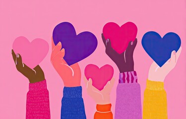 Illustration of diverse hands holding colorful hearts against a pink background