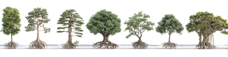 Seven diverse trees with exposed roots, arranged on a flat surface against a white backdrop