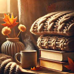 Cozy Autumn Still Life with Coffee and Books