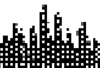 Pixelated black cityscape against a white background, skyline outline