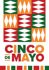 Obraz premium Cinco de Mayo in Mexico. Traditional mexican fiesta in May. National happy holiday with carnival, festival and parade. Latin american and spanish pattern. Illustration with sombrero. Vector poster