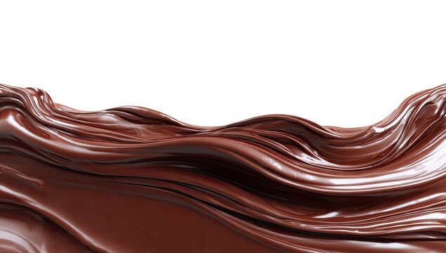 A swirling mass of glossy, dark chocolate against a stark white background