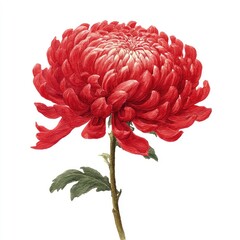 A vibrant watercolor painting of a red chrysanthemum with intricate petal detail