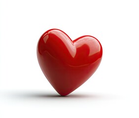 Fototapeta premium A glossy, red heart sits on a white background, casting a soft shadow, a symbol of love