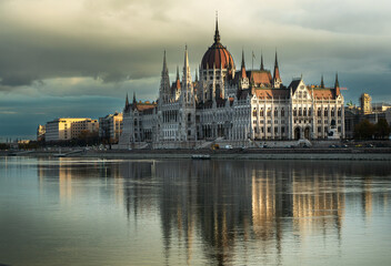 Fototapeta premium Parliament building in the old historic city of Budapest next to the Danube River. Budapest, capital of Hungary.