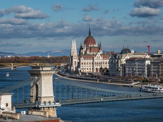 Fototapeta premium Parliament building in the old historic city of Budapest next to the Danube River. Budapest, capital of Hungary.