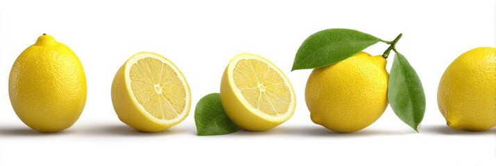 Close-up of lemons, some halved, with green leaves on a white background