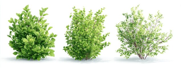 Three lush green bushes of different shapes stand on a white background