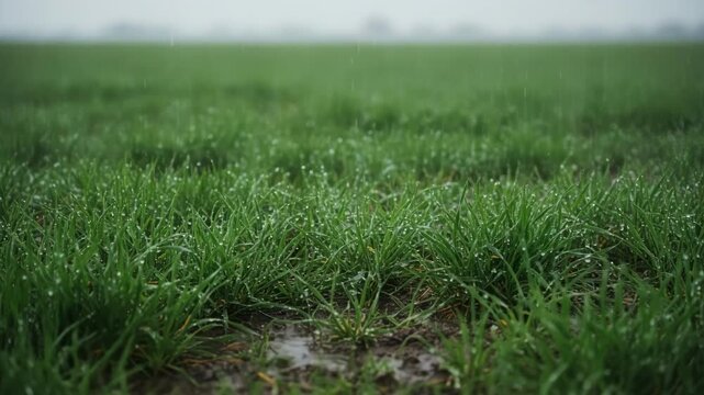 Medium shot of droplets gently falling on a vibrant pasture during rainfed irrigation emphasizing natural water supply fostering healthy grass development.