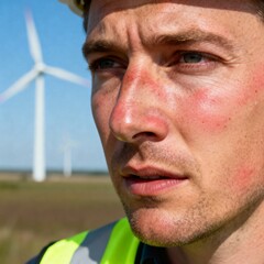 Obraz premium Professional Engineer in Hard Hat and Safety Vest at Wind Turbine Farm for Renewable Energy