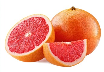 Vibrant image showing a whole grapefruit, a half, and a segment, all with pink flesh