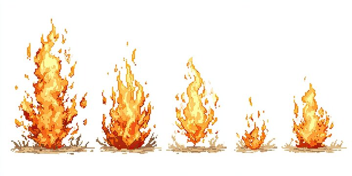 Pixelated animated flames, varying sizes. Burning embers rise. Ground beneath. White background
