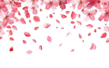 Delicate pink cherry blossoms and falling petals against a bright white background