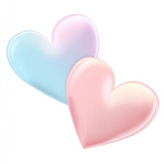 Two glossy, pastel-colored hearts overlapping on a white background, soft gradients
