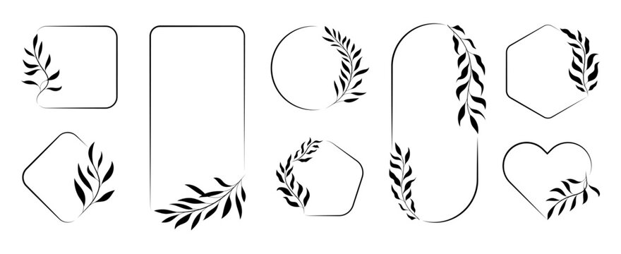 Botanical Frame and Wreath Set with Willow Branches and Leaves, Hand-Drawn Elements Floral Vector