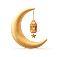 A gold crescent moon with a hanging lantern and star, on a white background